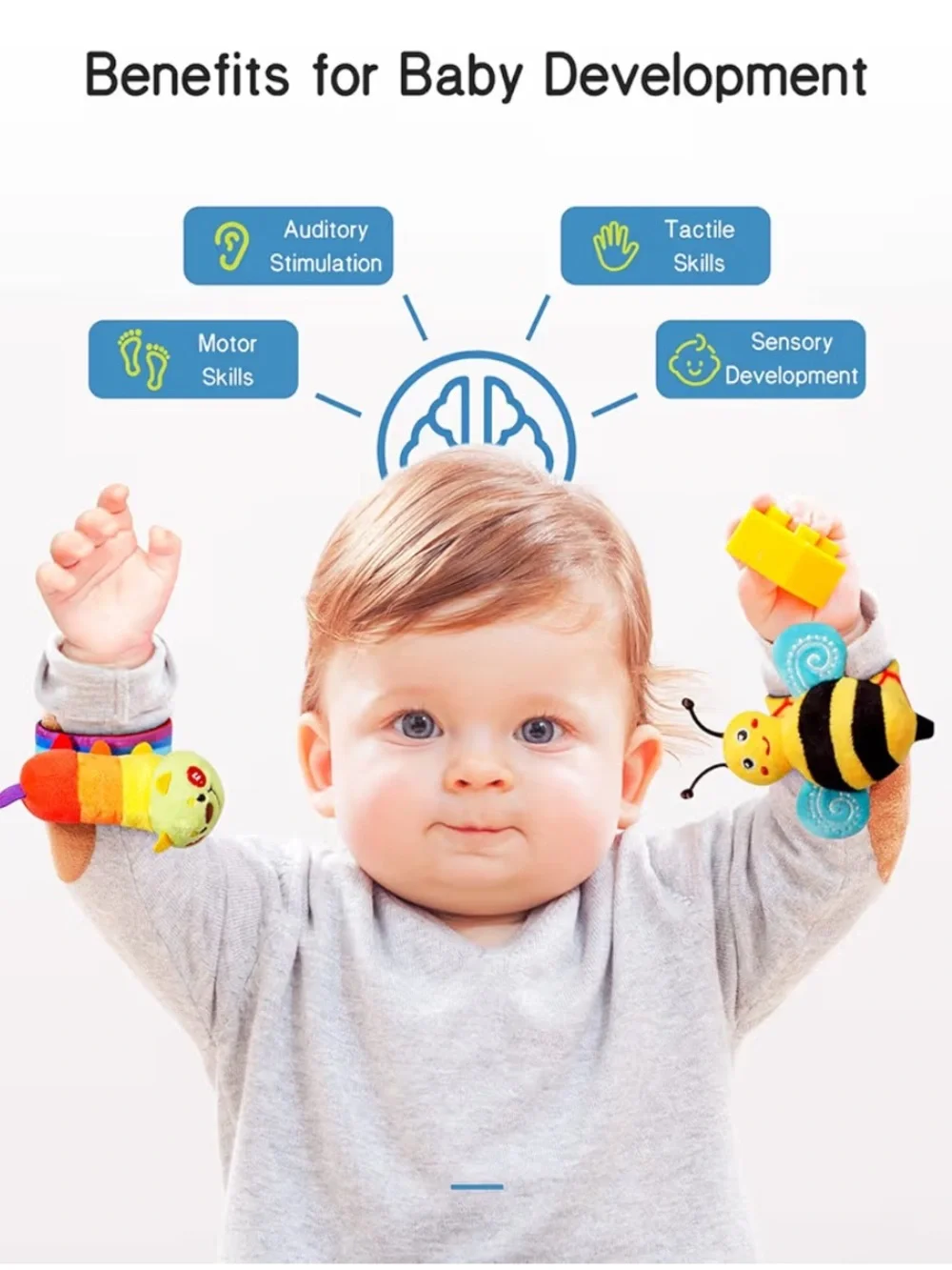 4-Pack Baby Wrist Rattles - Colorful Bug & Rainbow Set